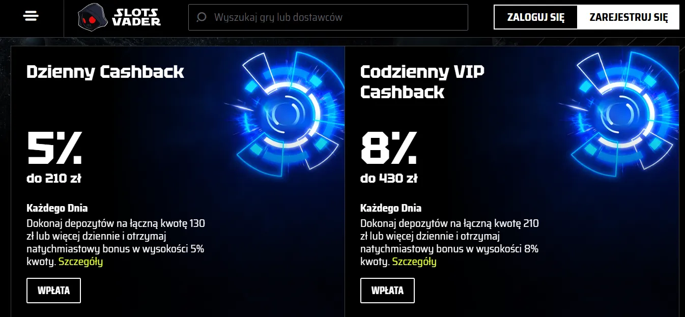 Cashback i cotygodniowe promocje SlotsVader 